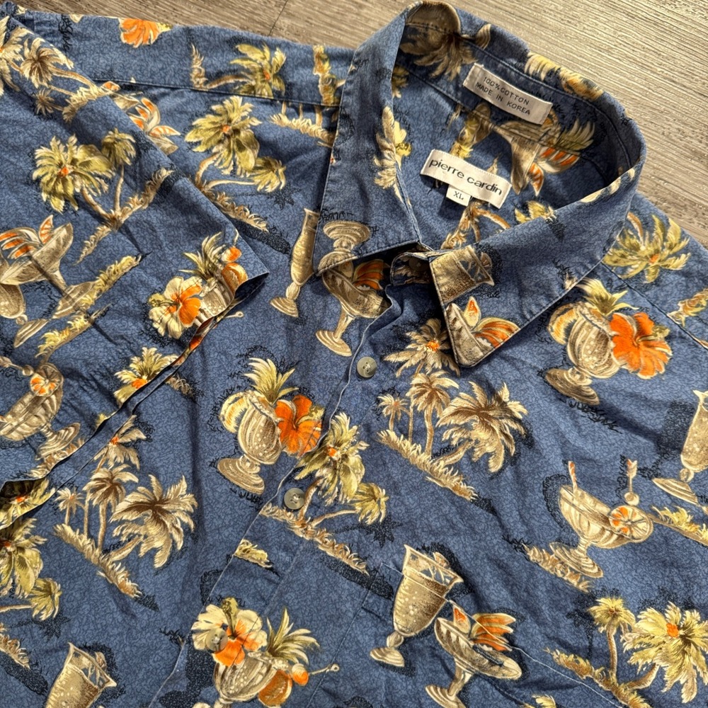 Vintage Pierre Cardin Shirt Mens XL Blue Tropical Palm Tree 100% Cotton Aloha